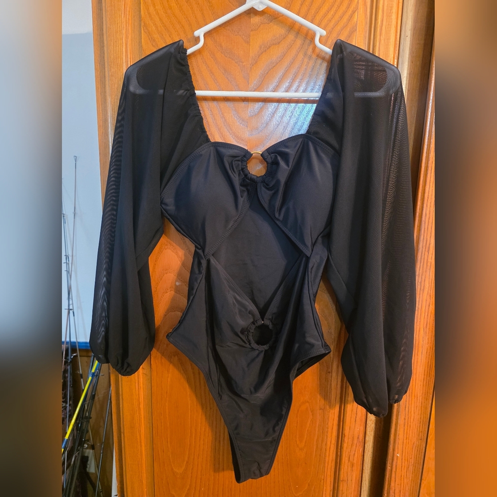 Black Sheer Sleeve Bodysuite/swimsuite -Size L